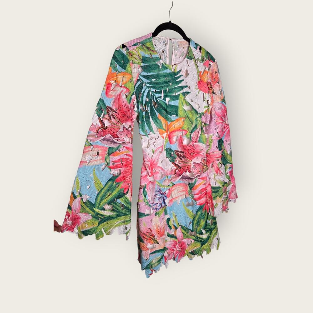 Rococo Sand Long Sleeve Tropical Floral Mini Dress Open Back Women's Small